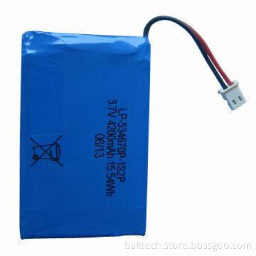 Li-polymer, 3.7V, 4200mAh, 1S2P cell: 534670P, with PCM, lead out wires and molex connector
